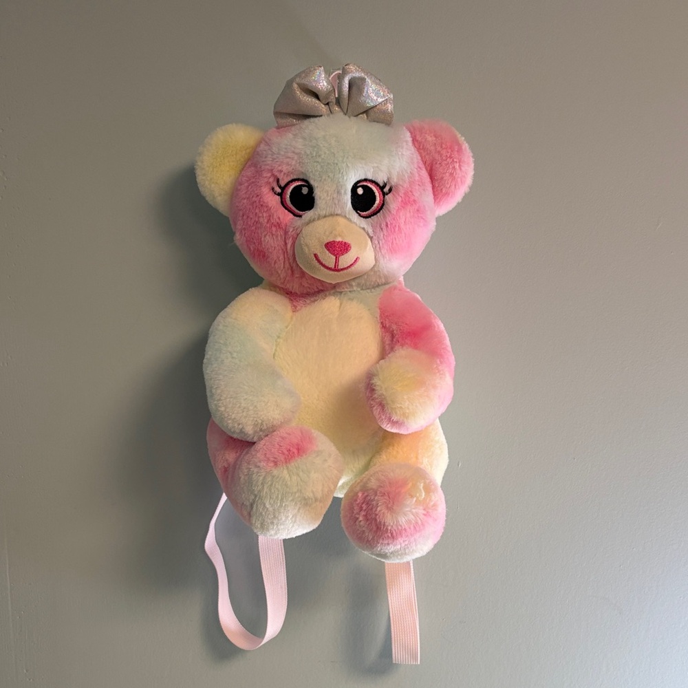 Carried Away Pastel Tie Dye Plush Teddy Bear Backpack, Kids Purse Bag, Plush Bag
